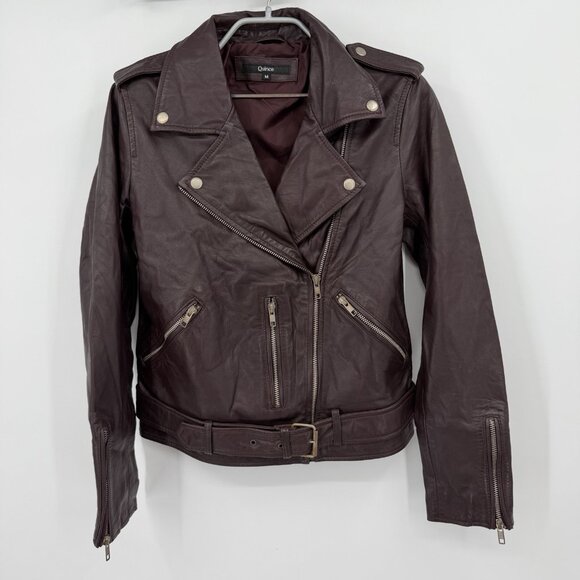 Quince Women's Port Leather Motorcycle Jacket sz M Medium Sheep Leather Belted - Picture 2 of 16